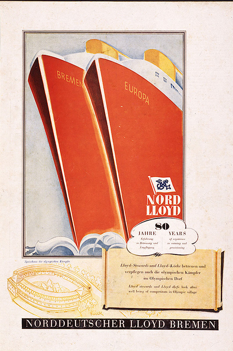 Jubiläumsplakat des Norddeutschen Lloyd mit den Flaggschiffen Bremen und Europa und der Darstellung des logistischen Auftrages zur Olympiade 1936.