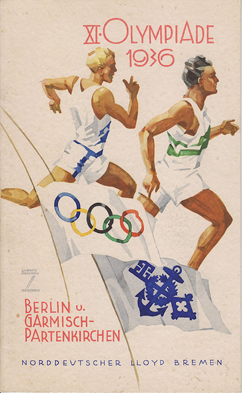 Speisekarte auf dem Schiff "Bremen" – Auf dem Deckblatt Werbung für die Olympischen Spiele 1936
