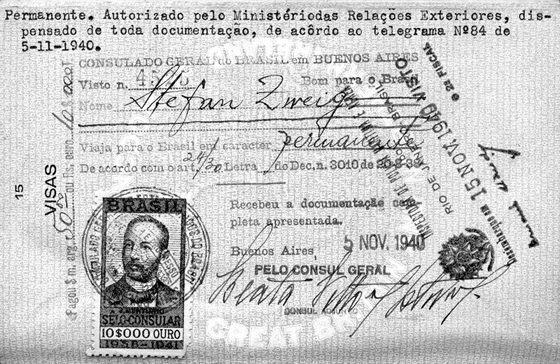Stefan Zweigs unbefristete Aufenthaltserlaubnis für Brasilien, ausgestellt vom brasilianischen Konsulat in Buenos Aires im November 1940.